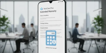 Digital extended warranty agreement on a smartphone with calculator icon