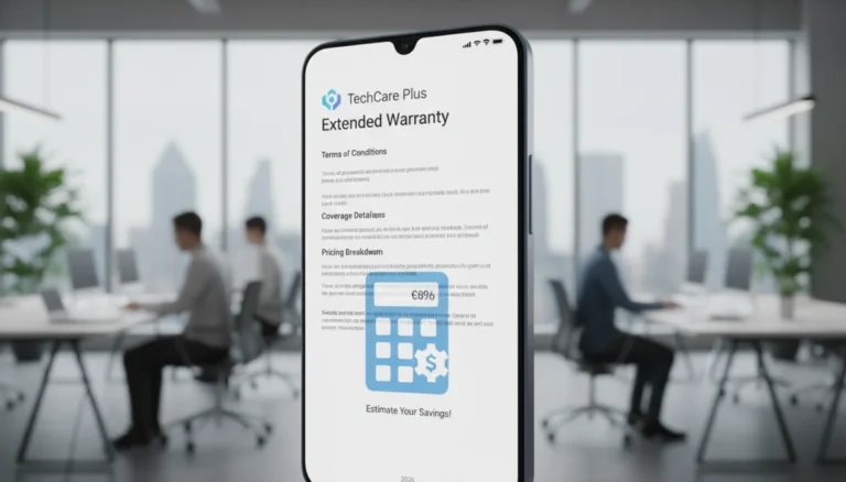 Digital extended warranty agreement on a smartphone with calculator icon