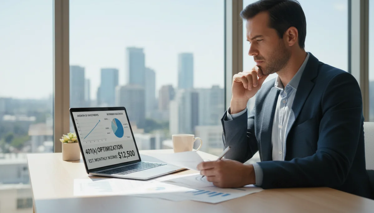Individual analyzing financial statements and investment charts for 401(k) planning