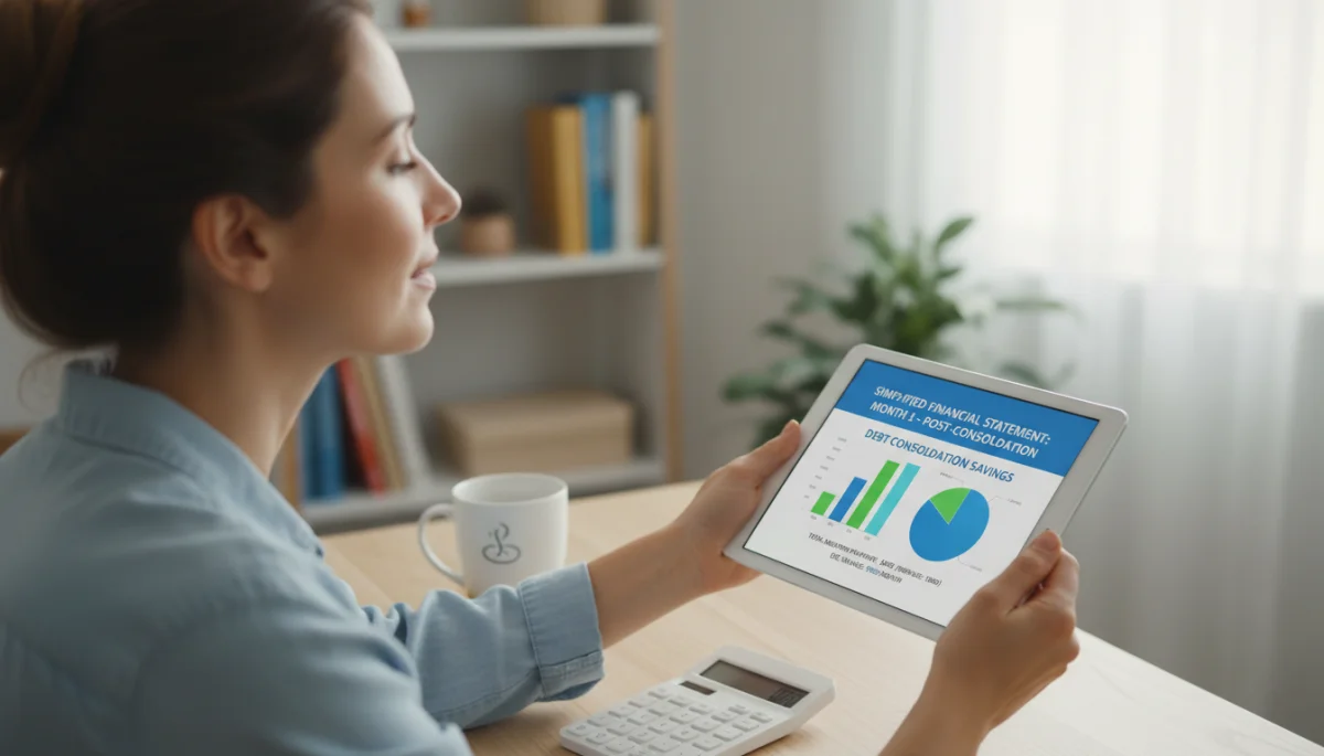 Person reviewing a simplified financial statement on a tablet, feeling relieved after debt consolidation.