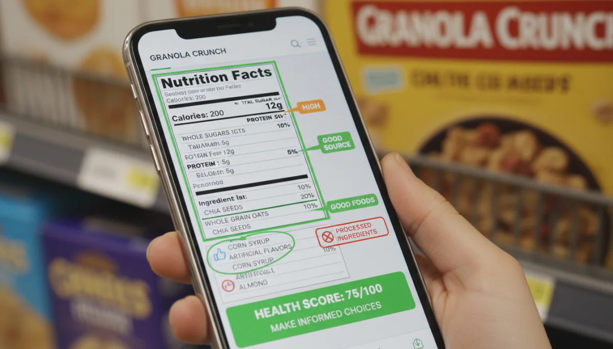 Smartphone app scanning food label, showing nutritional information and health insights for informed consumer decisions.