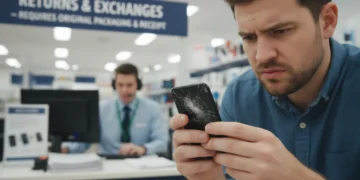 Frustrated customer holding a broken product at a return counter