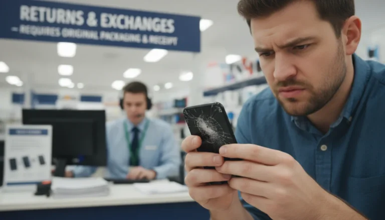 Frustrated customer holding a broken product at a return counter