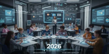 Students learning in a modern K-12 classroom, symbolizing future education policy shifts.