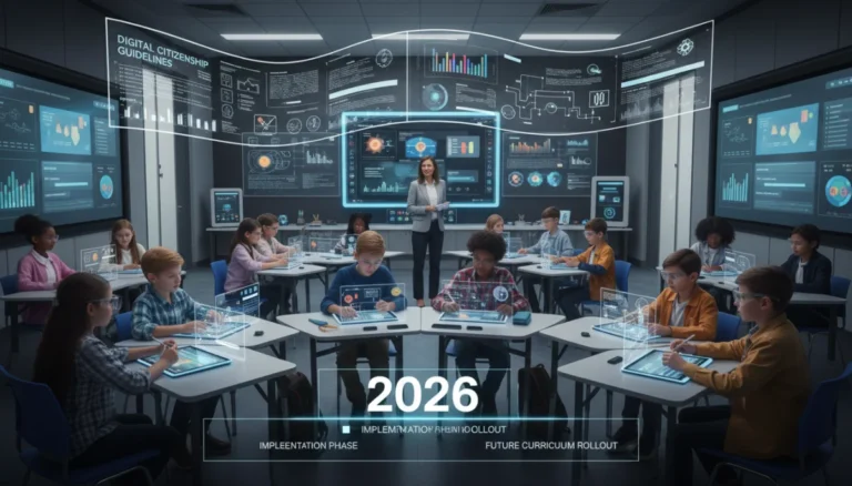 Students learning in a modern K-12 classroom, symbolizing future education policy shifts.