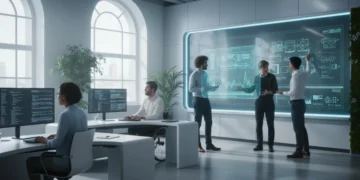Professionals developing future-proof career skills in a tech-driven office