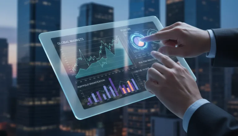 Futuristic personal finance app dashboard on a tablet displaying budgeting and investment data.
