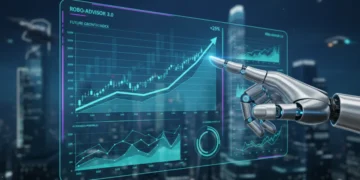 Digital investment interface with growth charts and robotic hand, representing robo-advisor technology.