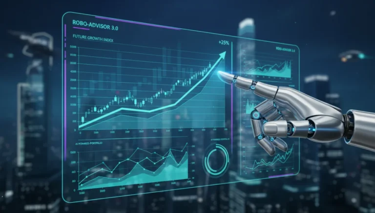 Digital investment interface with growth charts and robotic hand, representing robo-advisor technology.
