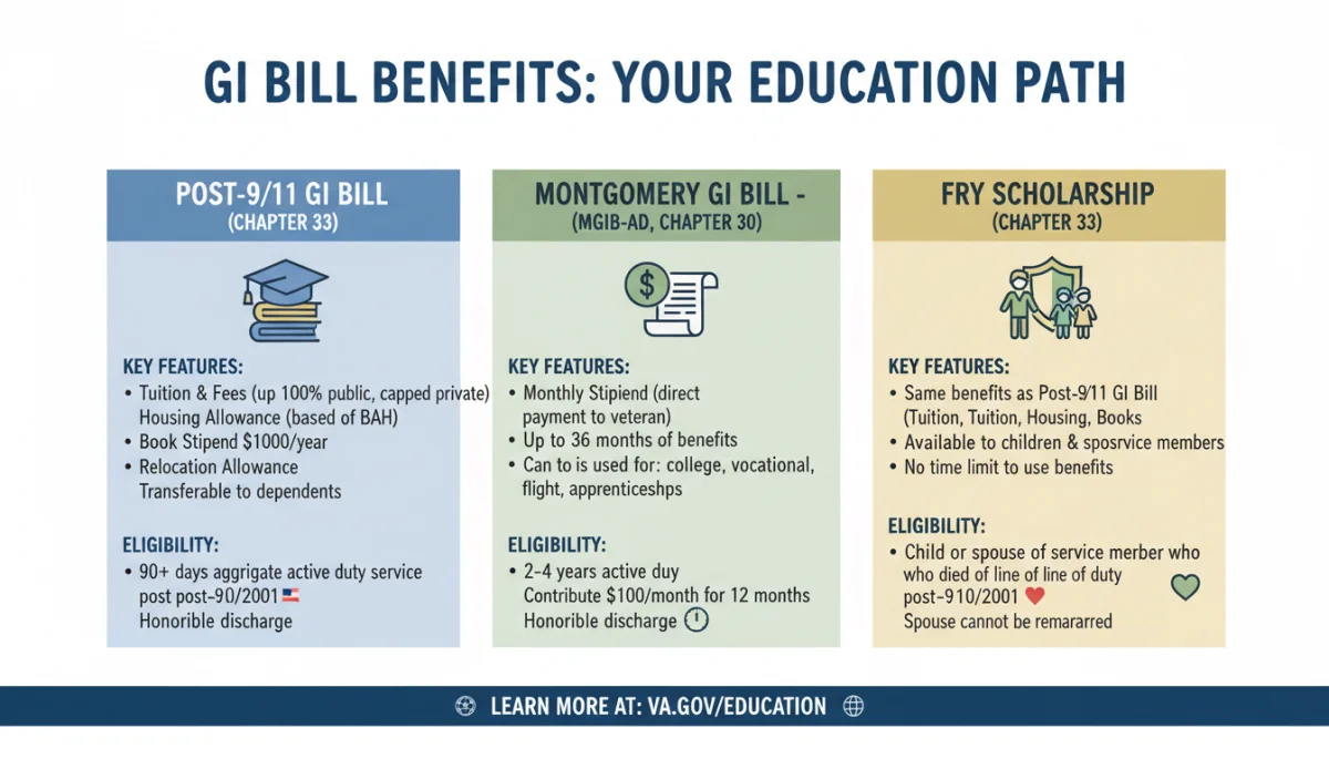 Infographic detailing various GI Bill benefit types and their eligibility requirements.