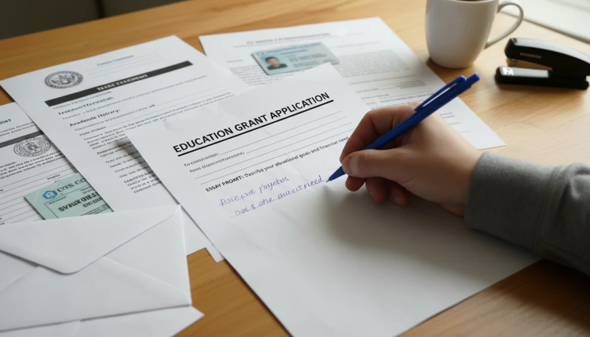 Hand filling out an education grant application form
