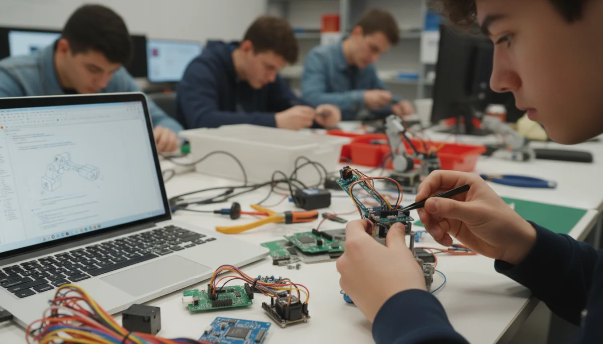 Student hands actively assembling a robot, demonstrating practical STEM learning.