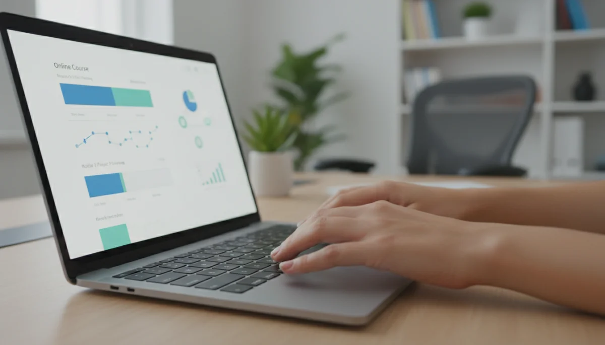 Hands typing on a laptop, engaging with an online course interface for skill development.