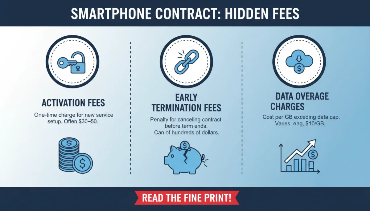 Infographic detailing common hidden fees in smartphone contracts like activation, early termination, and data overage charges.