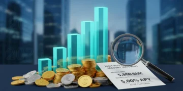 Illustration of high-yield savings account growth with coins and rising chart