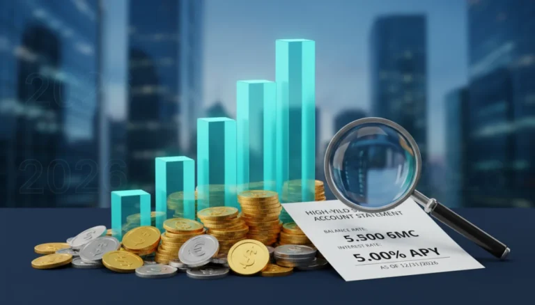Illustration of high-yield savings account growth with coins and rising chart