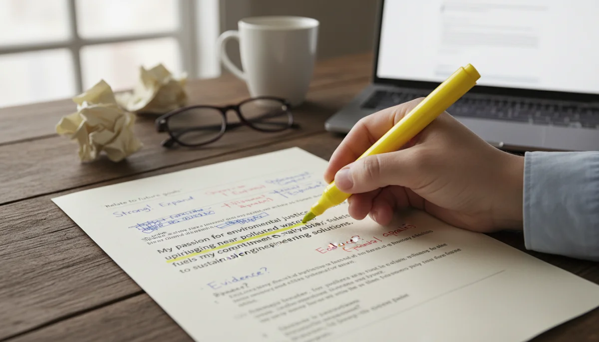 Hand highlighting key sentence in scholarship essay draft