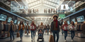 Happy shoppers in a modern mall during holiday season 2026, navigating with ease and understanding store policies.