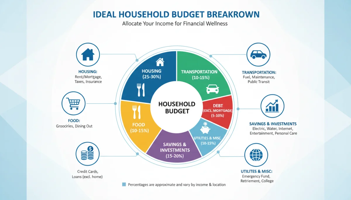 Infographic showing a typical household budget breakdown with percentages for various categories