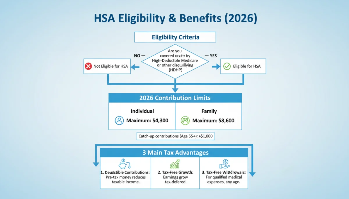 Infographic detailing HSA eligibility, contribution limits, and tax advantages for 2026