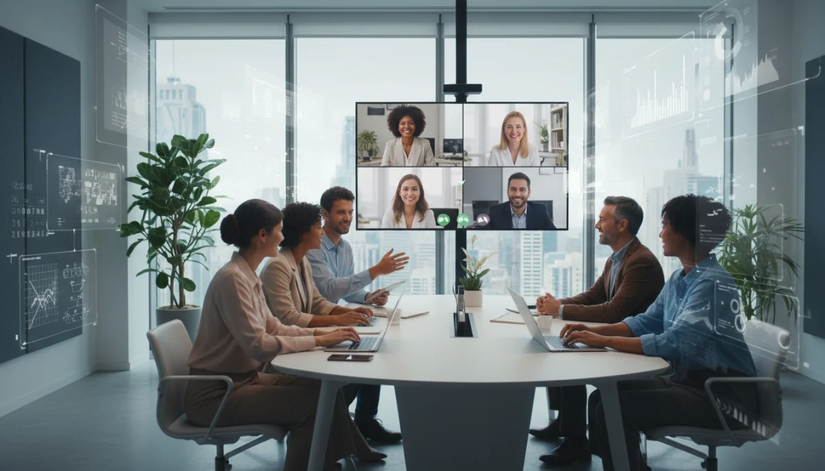 Diverse professionals collaborating in a hybrid work setting, showcasing future work models