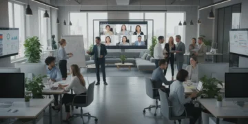 Professionals collaborating in a hybrid work environment, symbolizing new career opportunities post-Great Resignation in the US.