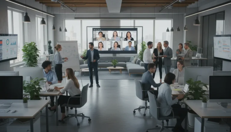 Professionals collaborating in a hybrid work environment, symbolizing new career opportunities post-Great Resignation in the US.