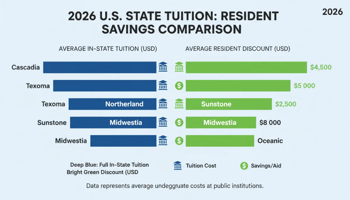 Infographic comparing in-state tuition costs and resident discounts by state for 2026.