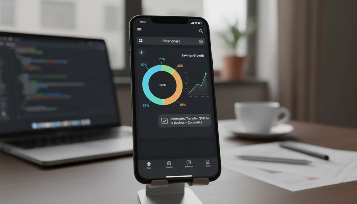 Futuristic smartphone displaying a detailed personal budgeting app interface with spending charts and savings tracking.