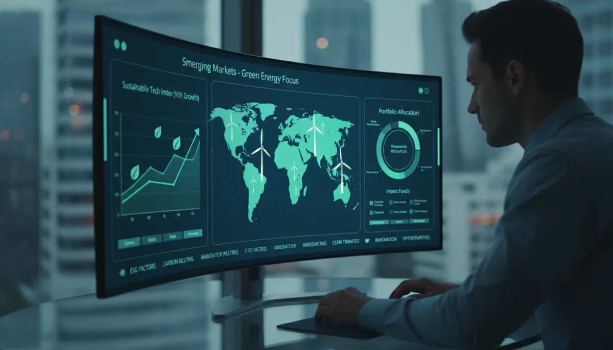 Investor analyzing digital dashboard with sustainable and emerging market investments