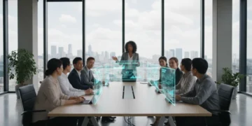 Professionals participating in a leadership development workshop in a modern office, collaborating on future strategies.