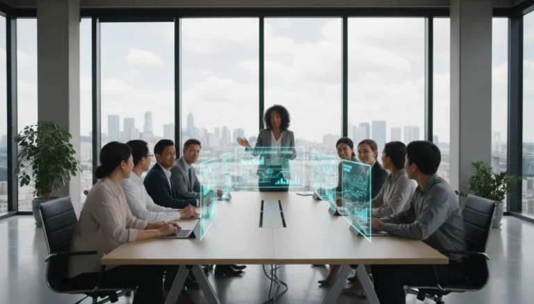 Professionals participating in a leadership development workshop in a modern office, collaborating on future strategies.