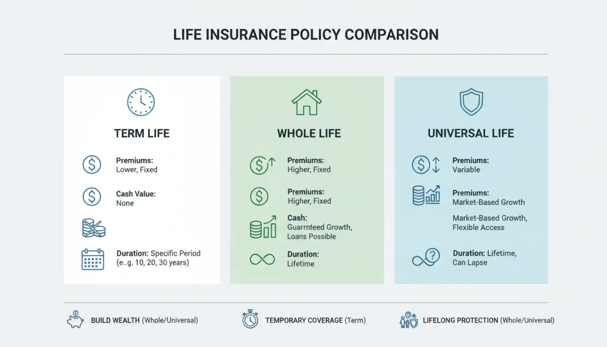 Infographic comparing term, whole, and universal life insurance features