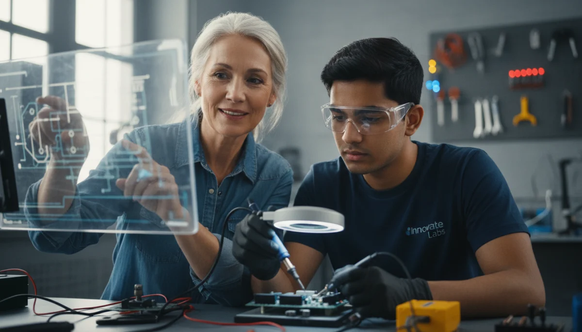 Experienced mentor guiding an apprentice in a practical learning setting