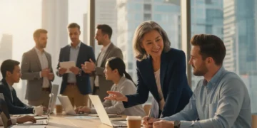 Experienced mentor guiding a young professional in a modern office