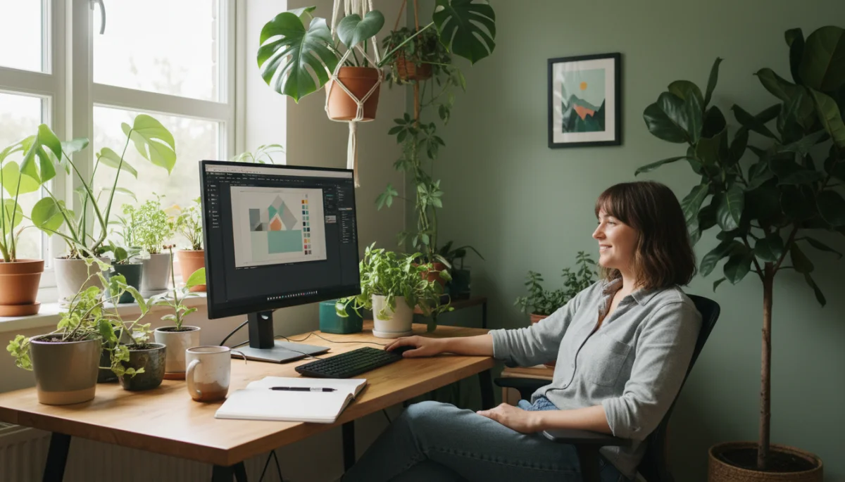 Individual practicing mindful work in a healthy office setting