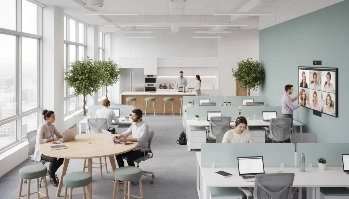 Modern hybrid office environment with both in-person and virtual collaboration.