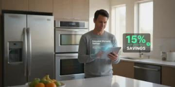 Modern kitchen with new appliances and a person reviewing appliance warranty details on a tablet to achieve 15% savings.