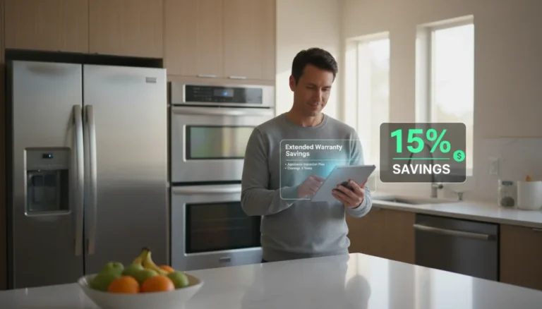Modern kitchen with new appliances and a person reviewing appliance warranty details on a tablet to achieve 15% savings.