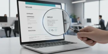Modern resume template on laptop, ATS scanning symbol