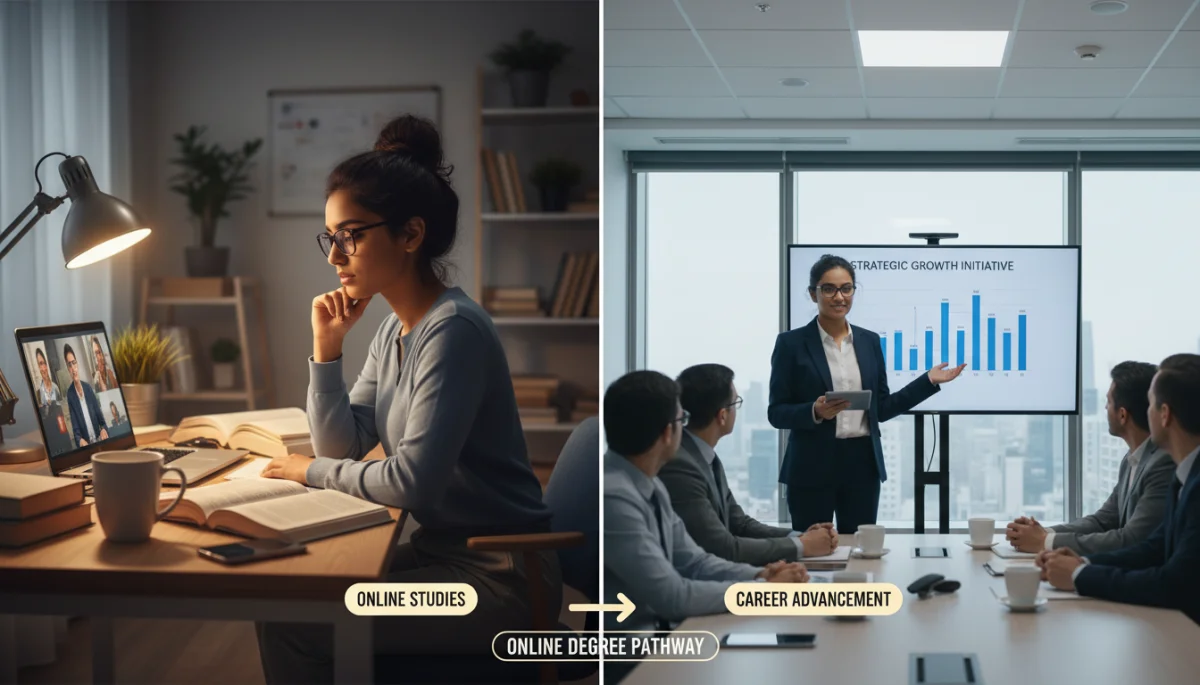Illustration of career advancement through online education, from studying to professional success