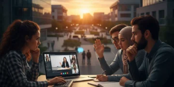 Students engaged in a virtual classroom on a laptop, symbolizing online learning