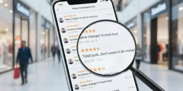 Smartphone displaying online reviews with a magnifying glass, symbolizing vigilance against fraud.