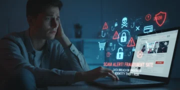 Illustration of online shopping safety with warning signs