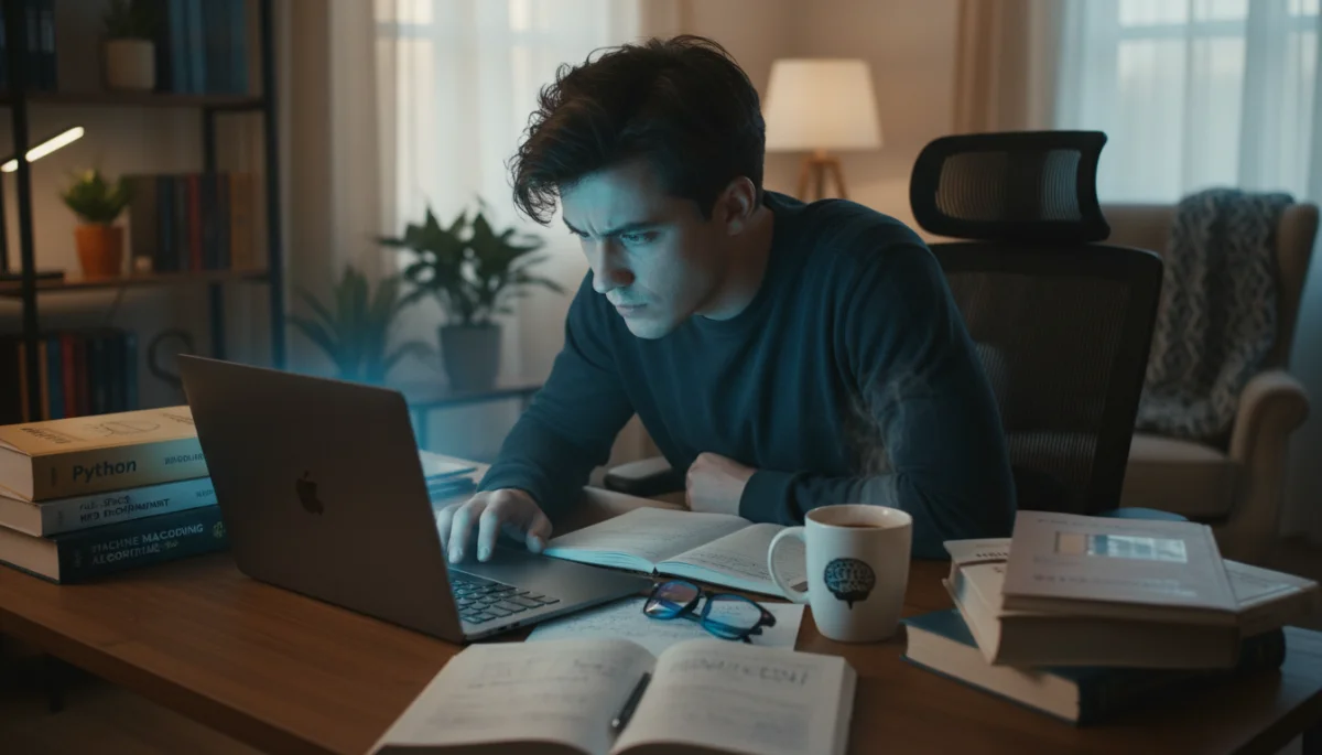 Adult engaged in online learning and skill development