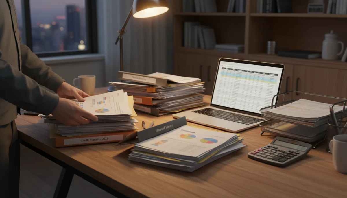 Person organizing financial documents for a personal loan application.