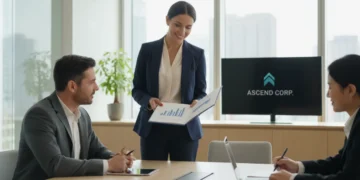 Woman confidently presenting during a performance review meeting with her manager.