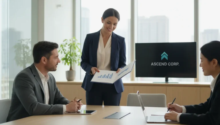 Woman confidently presenting during a performance review meeting with her manager.