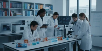 Researchers collaborating in a modern US university lab, focusing on scientific analysis.