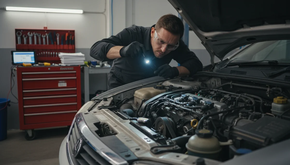 Professional mechanic inspecting a used car engine, emphasizing the need for expert evaluation before buying.